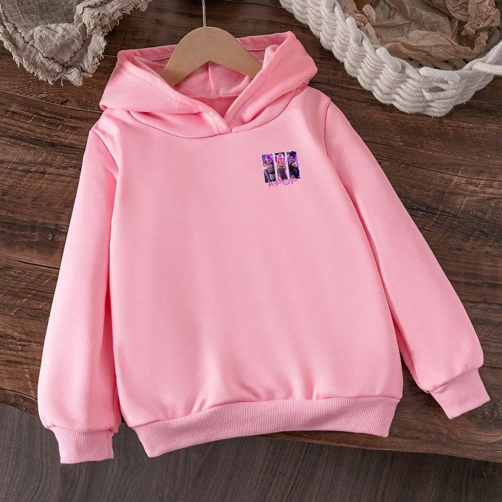 Custom Cool Casual Wear Kpop Idol Style Stylish Character Illustration Girl Group Print Pink Custom Kids Hoodie