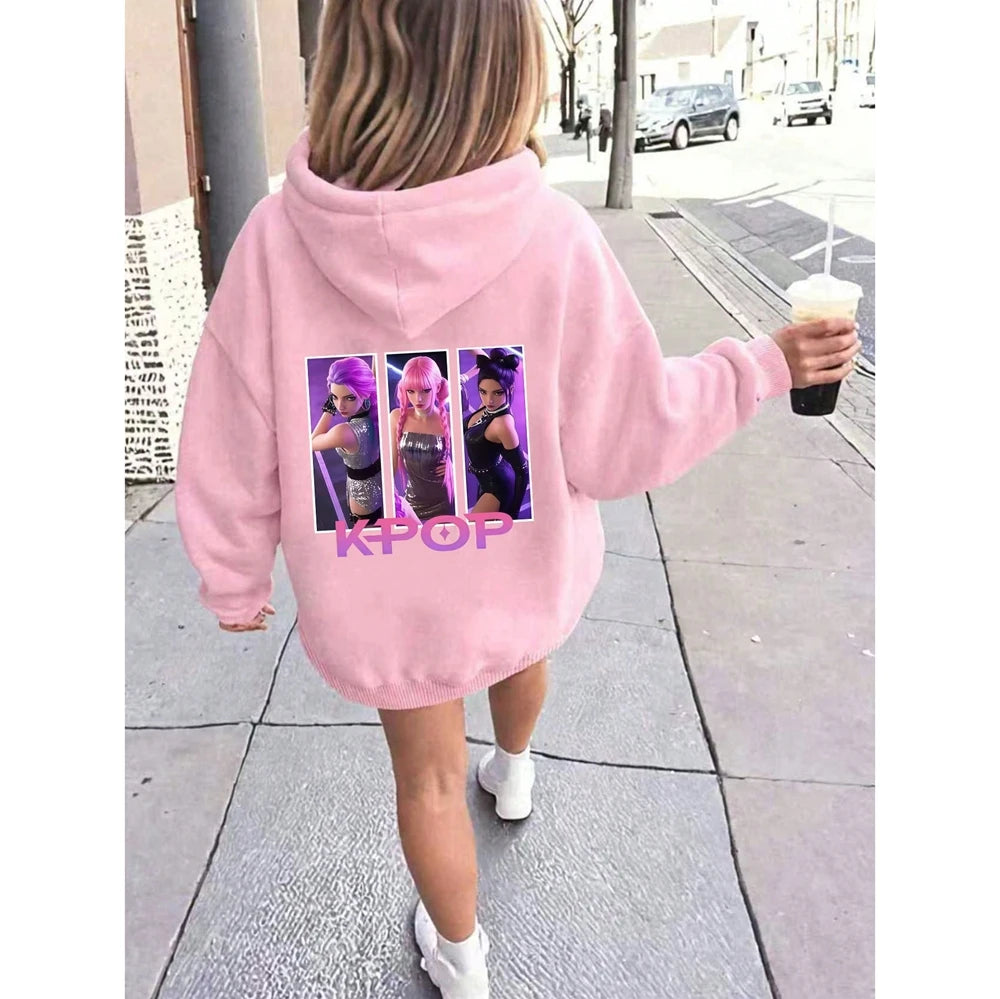Custom Cool Casual Wear Kpop Idol Style Stylish Character Illustration Girl Group Print Pink Custom Kids Hoodie