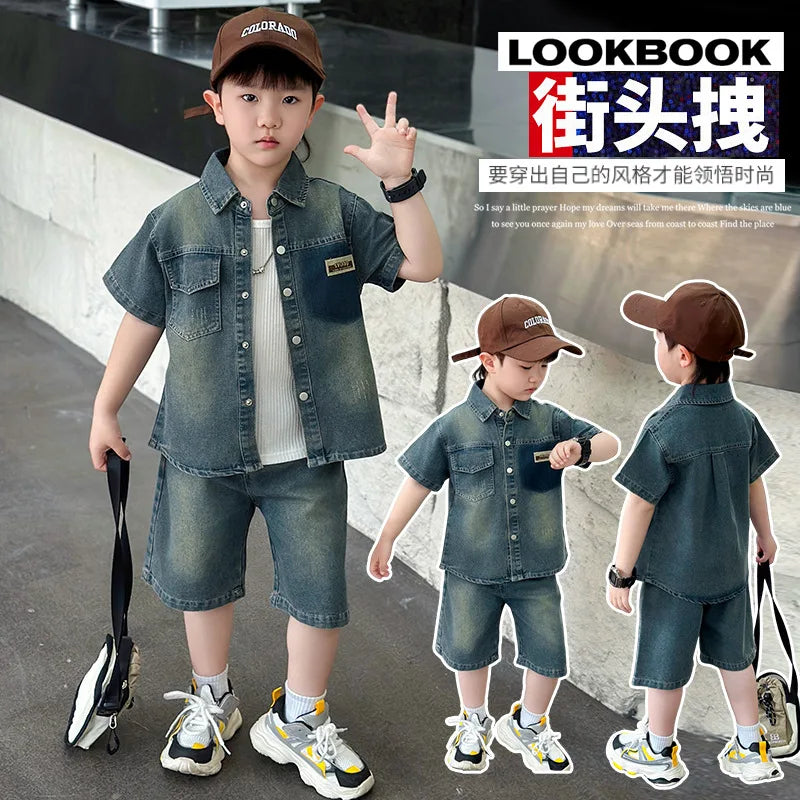 Boys' Summer Short-Sleeve Denim Suit 2025 New Style Cool and Stylish Two-Piece Outfit for Boys Polyester Letters Pattern