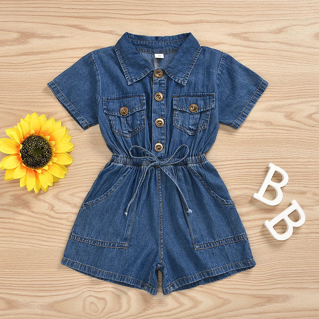 Qingli OEM Factory No Tariff Summer Children's Clothing New Fashion Girls Denim Short-Sleeved Jumpsuit