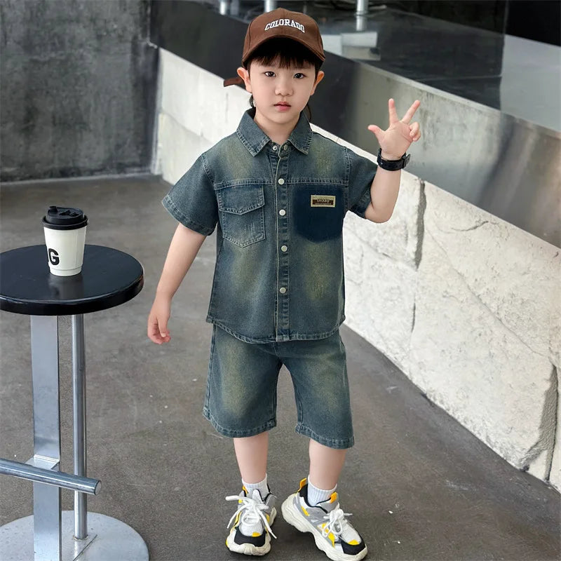 Boys' Summer Short-Sleeve Denim Suit 2025 New Style Cool and Stylish Two-Piece Outfit for Boys Polyester Letters Pattern