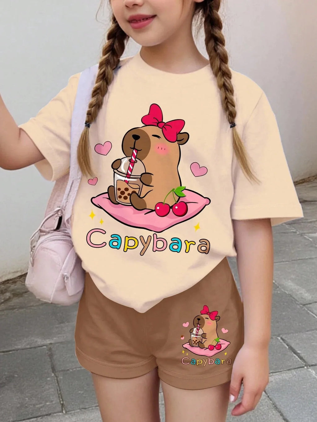 2026 Summer Fashion Girl Outing Dress up Casual Versatile Girl Capibala 3D Printed Short Sleeve Shorts Set