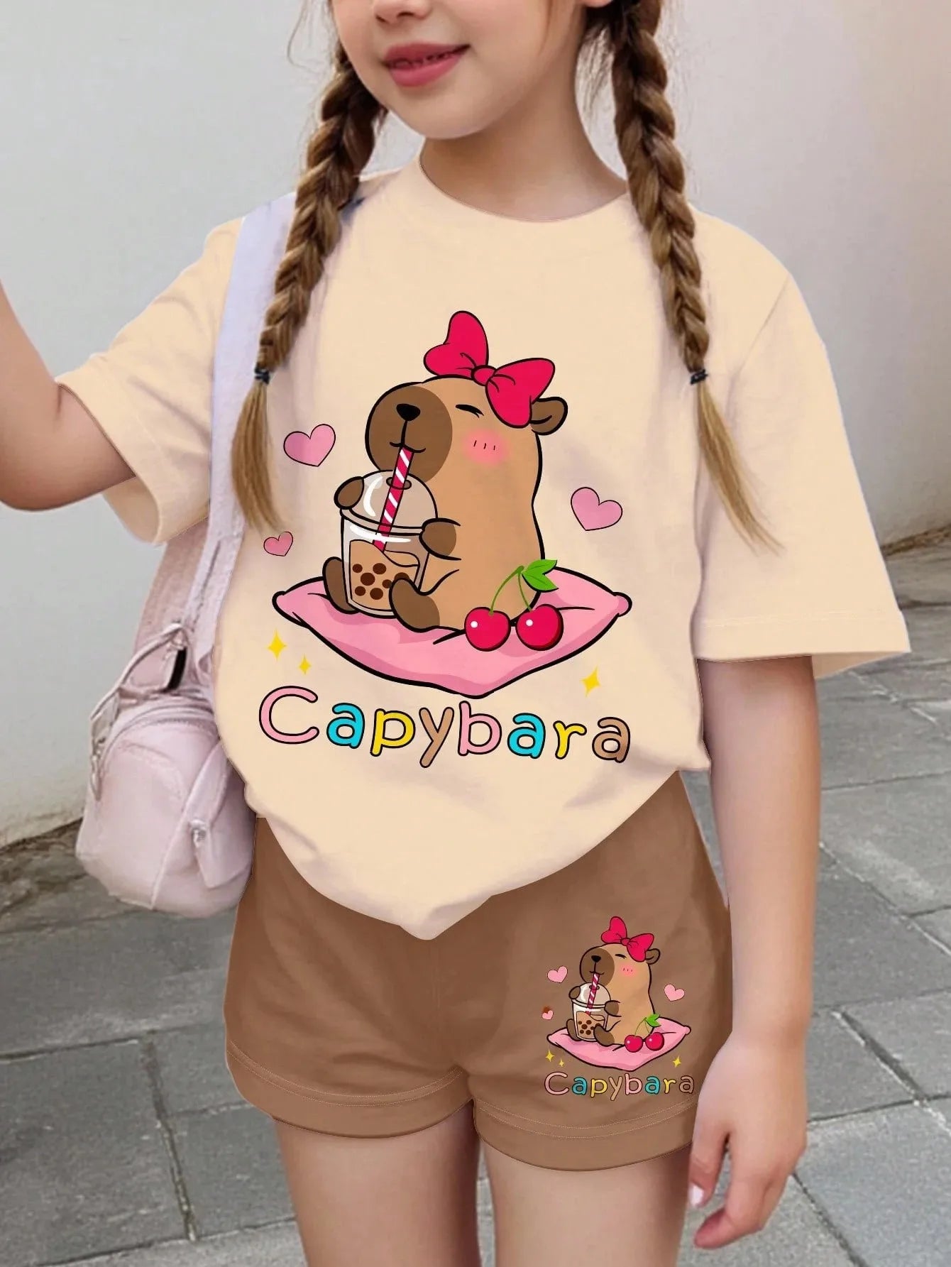 2026 Summer Fashion Girl Outing Dress up Casual Versatile Girl Capibala 3D Printed Short Sleeve Shorts Set