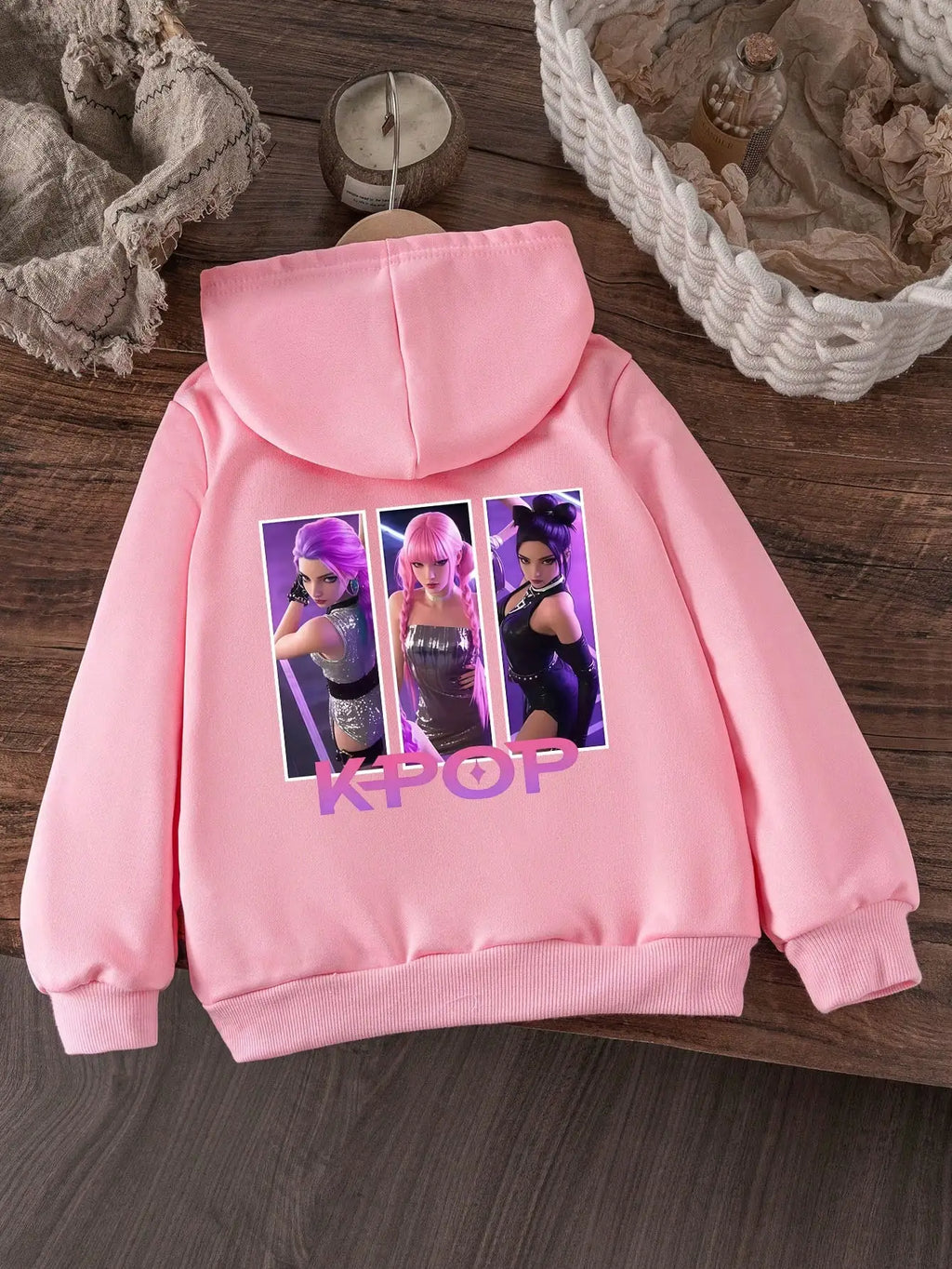 Custom Cool Casual Wear Kpop Idol Style Stylish Character Illustration Girl Group Print Pink Custom Kids Hoodie