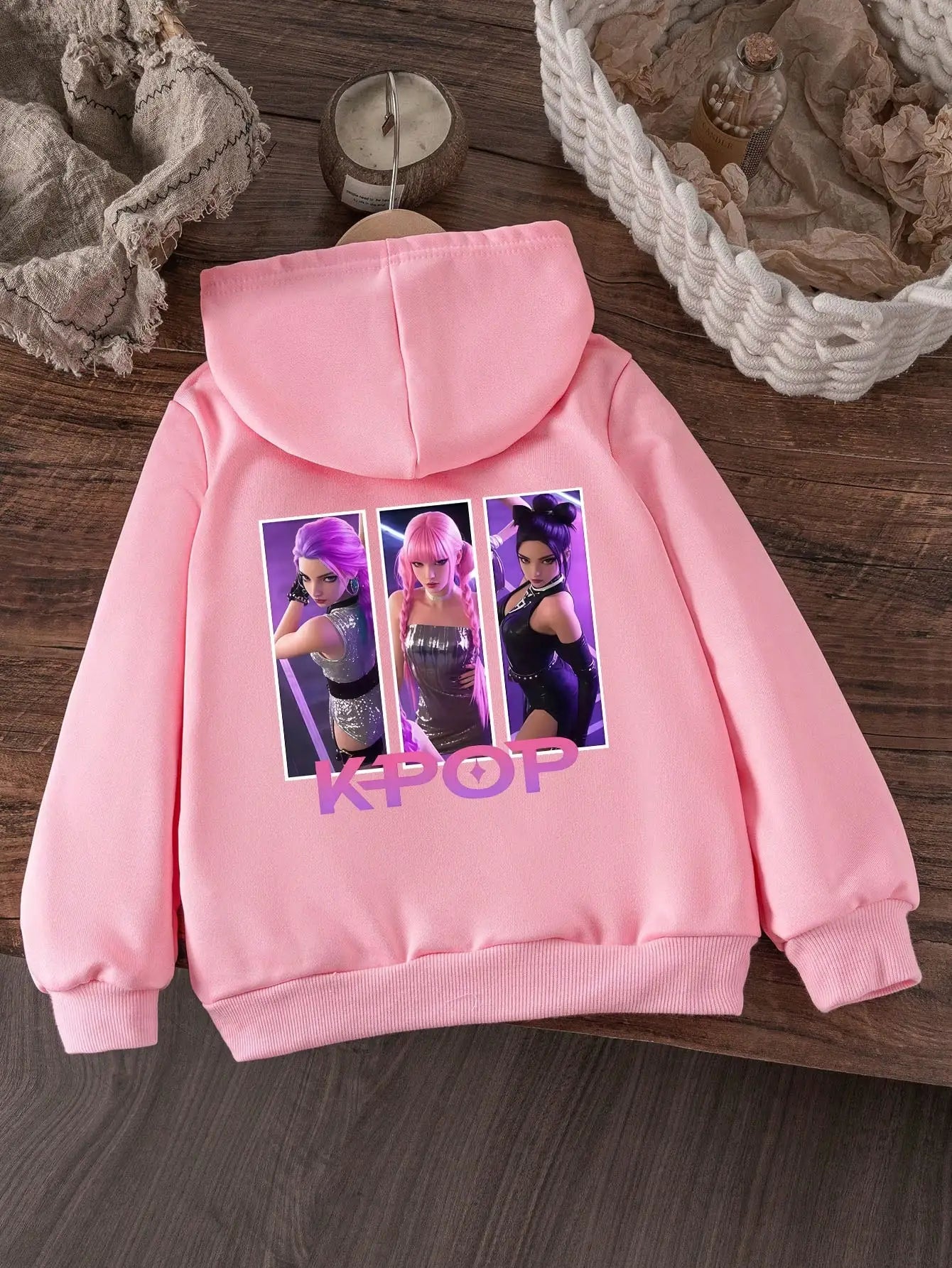 Custom Cool Casual Wear Kpop Idol Style Stylish Character Illustration Girl Group Print Pink Custom Kids Hoodie