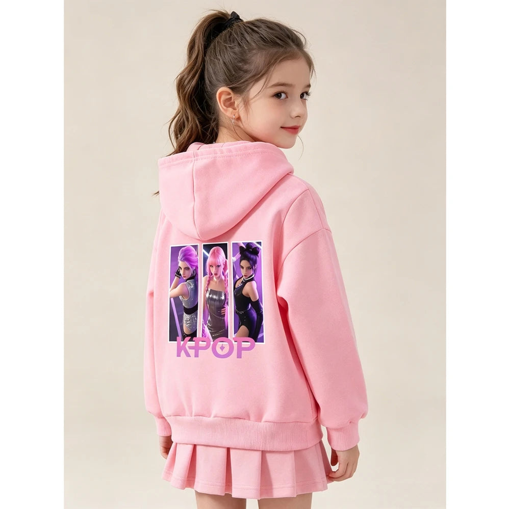 Custom Cool Casual Wear Kpop Idol Style Stylish Character Illustration Girl Group Print Pink Custom Kids Hoodie