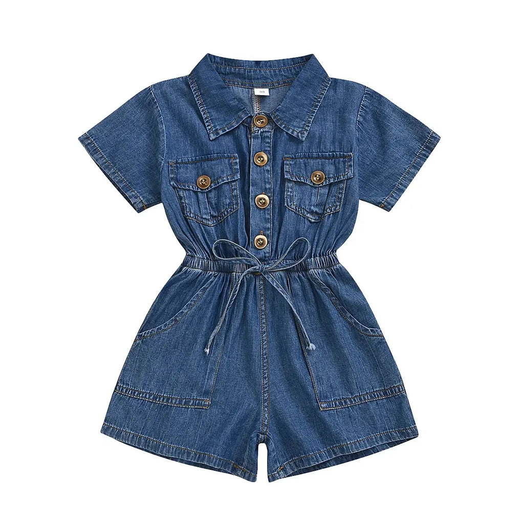 Qingli OEM Factory No Tariff Summer Children's Clothing New Fashion Girls Denim Short-Sleeved Jumpsuit