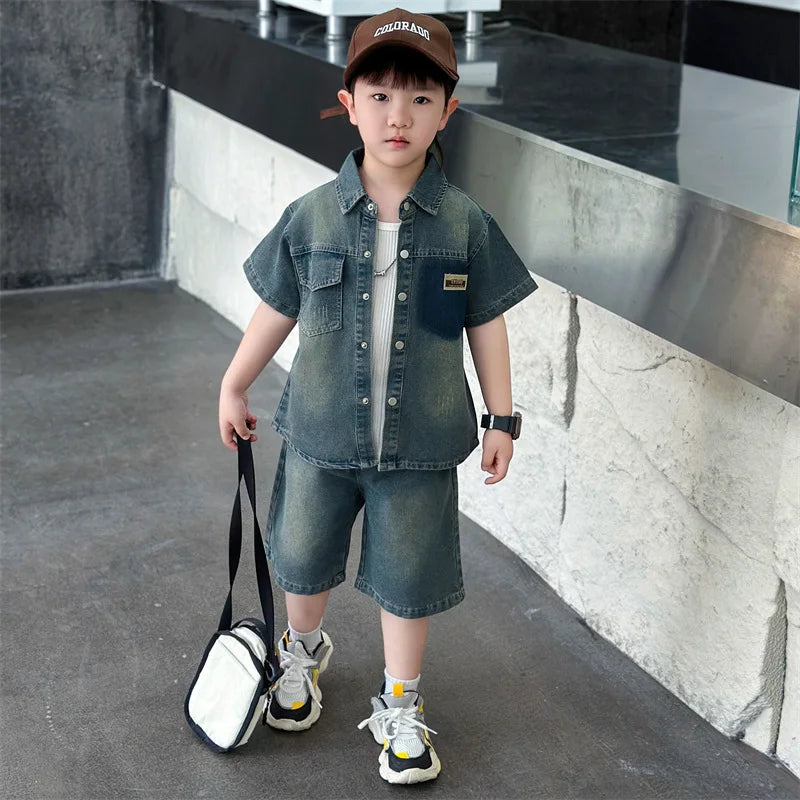 Boys' Summer Short-Sleeve Denim Suit 2025 New Style Cool and Stylish Two-Piece Outfit for Boys Polyester Letters Pattern