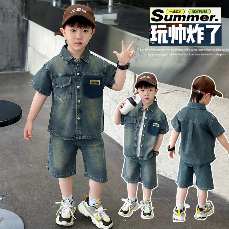 Boys' Summer Short-Sleeve Denim Suit 2025 New Style Cool and Stylish Two-Piece Outfit for Boys Polyester Letters Pattern