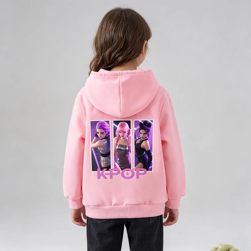Custom Cool Casual Wear Kpop Idol Style Stylish Character Illustration Girl Group Print Pink Custom Kids Hoodie