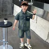 Boys' Summer Short-Sleeve Denim Suit 2025 New Style Cool and Stylish Two-Piece Outfit for Boys Polyester Letters Pattern