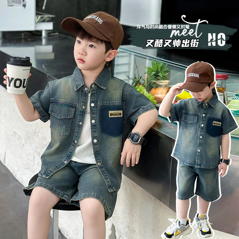 Boys' Summer Short-Sleeve Denim Suit 2025 New Style Cool and Stylish Two-Piece Outfit for Boys Polyester Letters Pattern