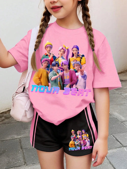 2026 Summer Fashion Girl Outing Dress up Casual Versatile Girl Capibala 3D Printed Short Sleeve Shorts Set