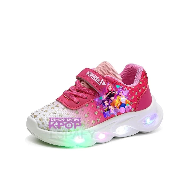 Kpop Demon Hunter Kids'Casual Shoes Girls Led Light Cartoon Fashion Sport Flat Bottom Shoes Breathable Purple Pink