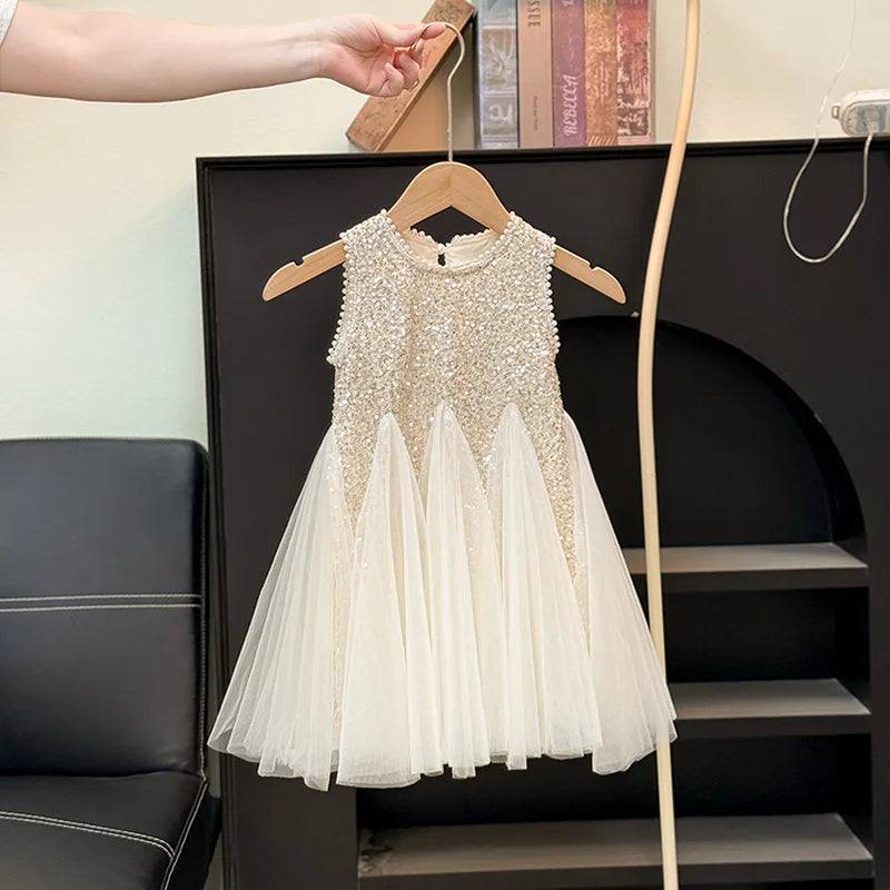 Summer Girls Tulle Dress Princess Sequined Puff Mesh Gown Kids Birthday Party Vestidos Children Casual Fashion Clothes 2-10Y