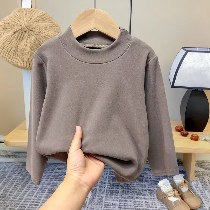 Winter Baby Warm Top Boys Girls Velvet Inner Solid Color Bottom Children's Half High Collar Long Sleeve T-shirt Kids Clothes
