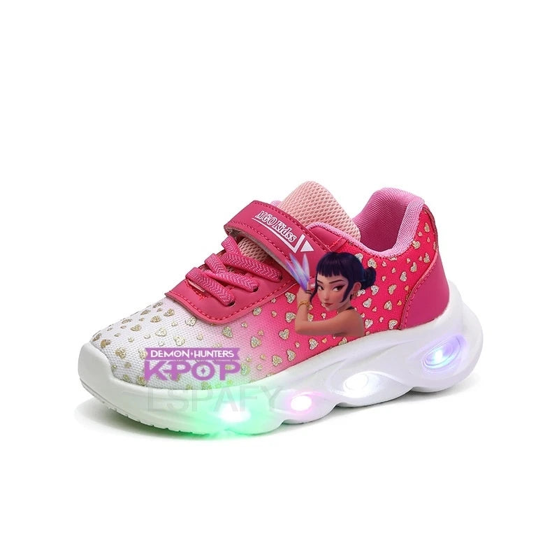 Kpop Demon Hunter Kids'Casual Shoes Girls Led Light Cartoon Fashion Sport Flat Bottom Shoes Breathable Purple Pink