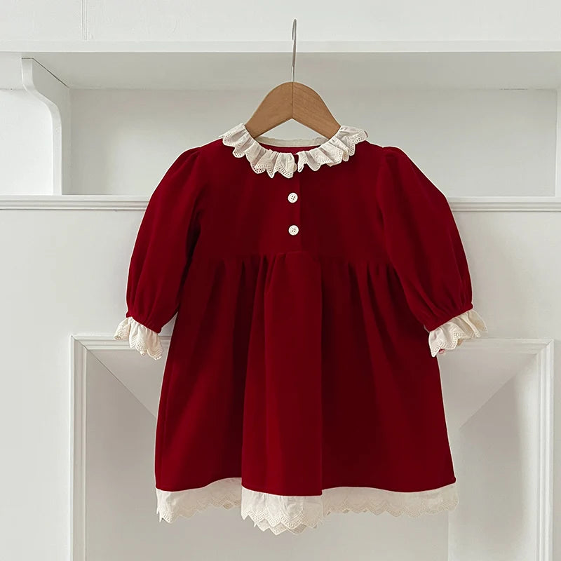 Christmas Kids Autumn Winter Cute Long Sleeve Bow Decoration Sweet Ruffled Princess Dress 1-6 Years Girls Party Fashion Clothes
