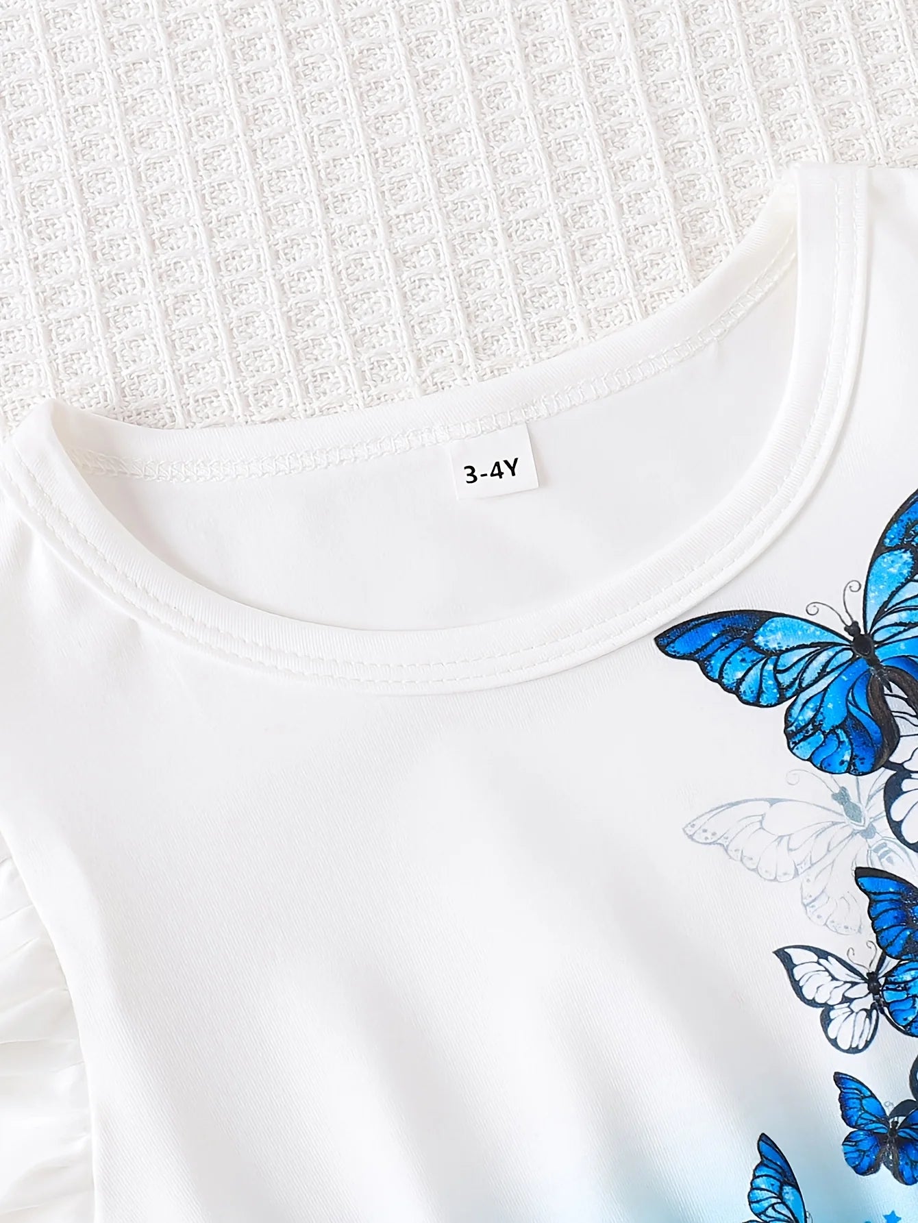 Girls White Base Blue Butterfly Ombre Ruffle Sleeve Dress Sweet Style Summer Outfit