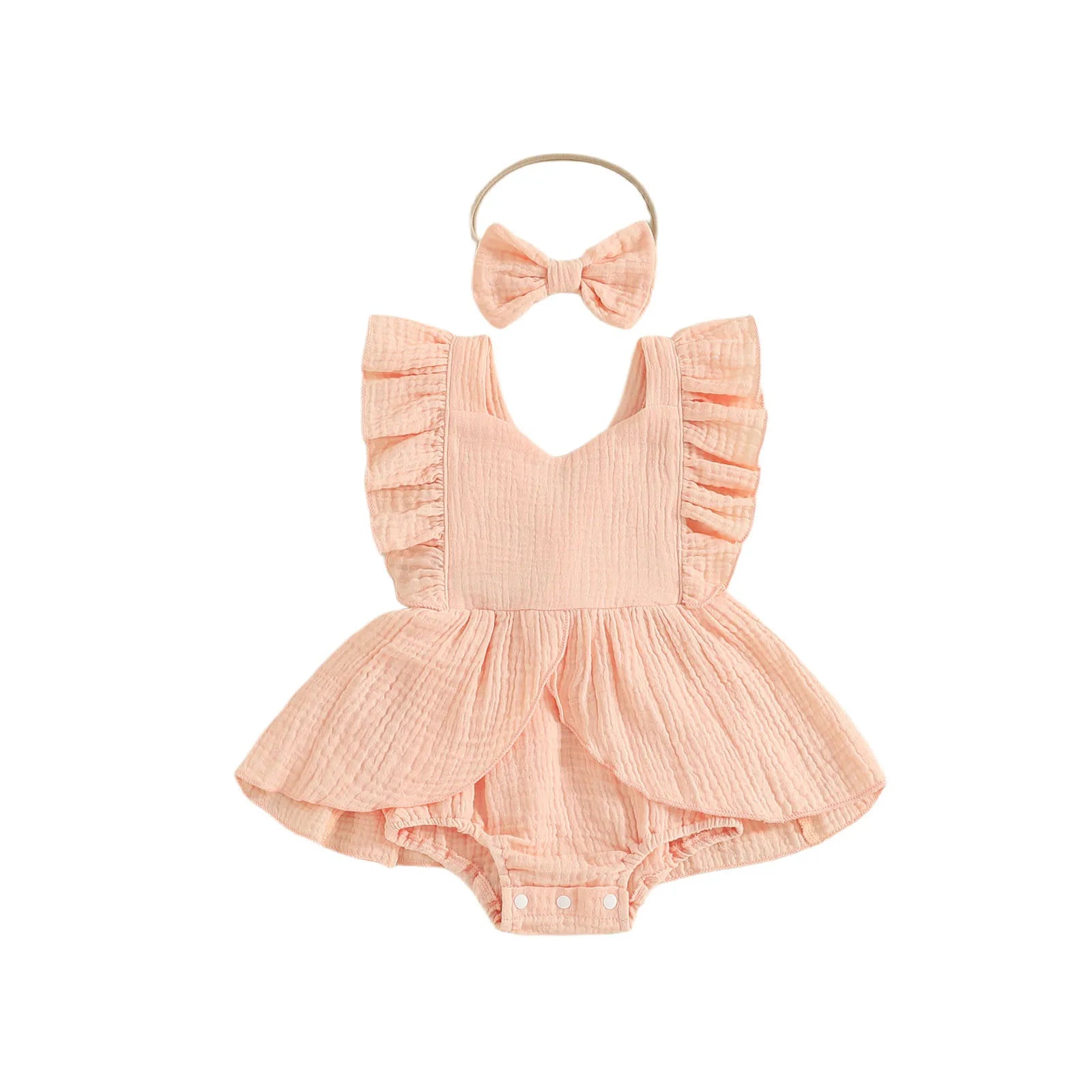 FOCUSNORM 0-18M Lovely Baby Girls Romper Dress Square Neck Flying Sleeve Solid Color Jumpsuits with Bow Headband Set