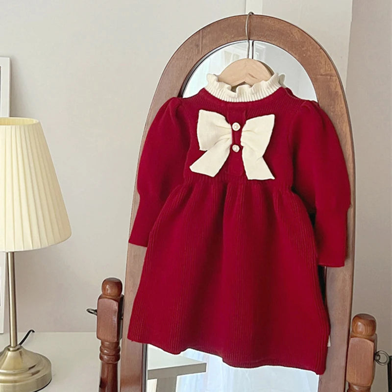 Christmas Kids Autumn Winter Cute Long Sleeve Bow Decoration Sweet Ruffled Princess Dress 1-6 Years Girls Party Fashion Clothes