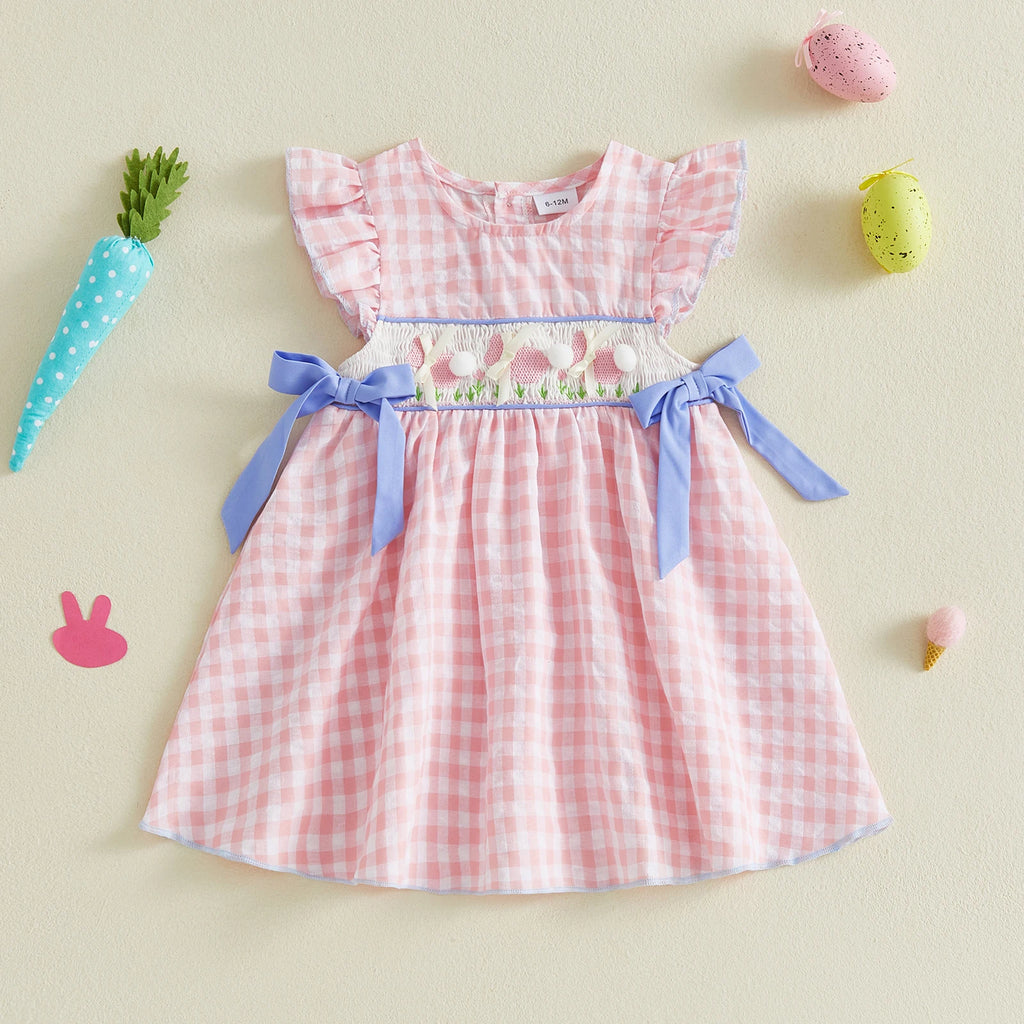 Toddler Baby Girl Easter Dress Flying Sleeve Crew Neck Rabbit Embroidery Plaid Print Bow Decor A Line Dress