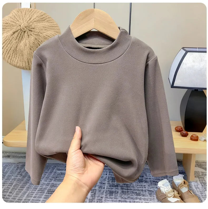 Winter Baby Warm Top Boys Girls Velvet Inner Solid Color Bottom Children's Half High Collar Long Sleeve T-shirt Kids Clothes