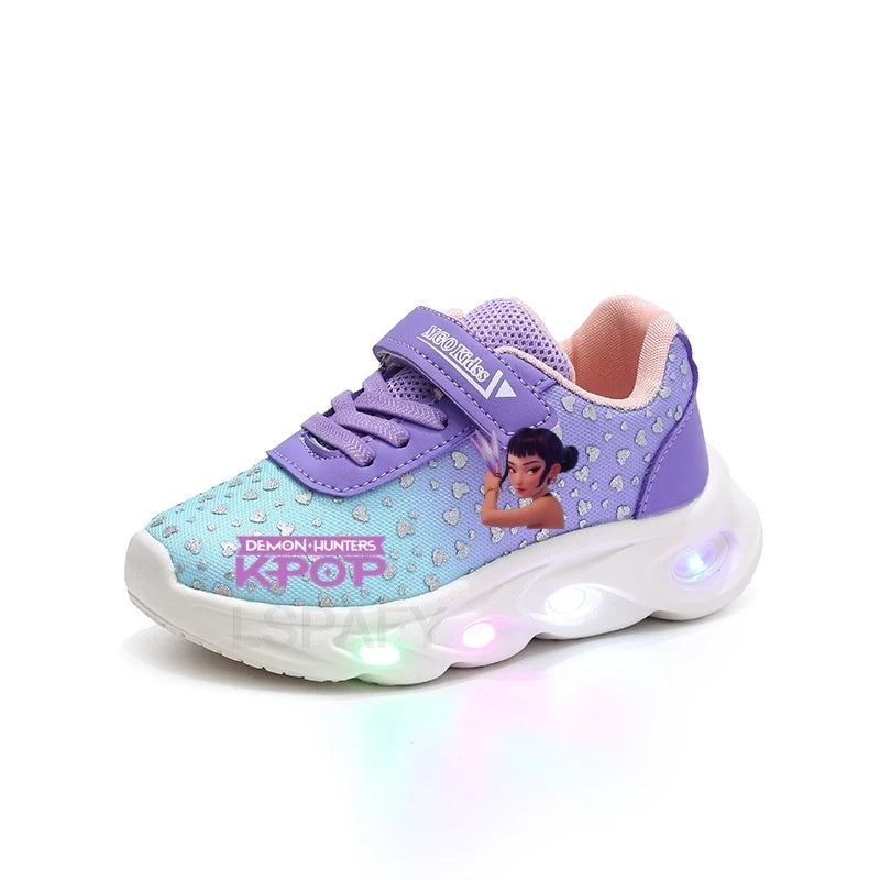 Kpop Demon Hunter Kids'Casual Shoes Girls Led Light Cartoon Fashion Sport Flat Bottom Shoes Breathable Purple Pink
