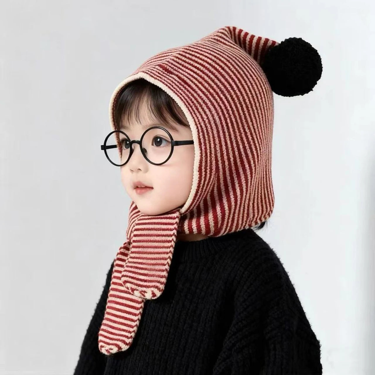 Korean Striped Baby Balaclava Hat Winter Knitted Hood Scarf Ear Protection Warm Bomber Cap Kids Boy Girl Beanies