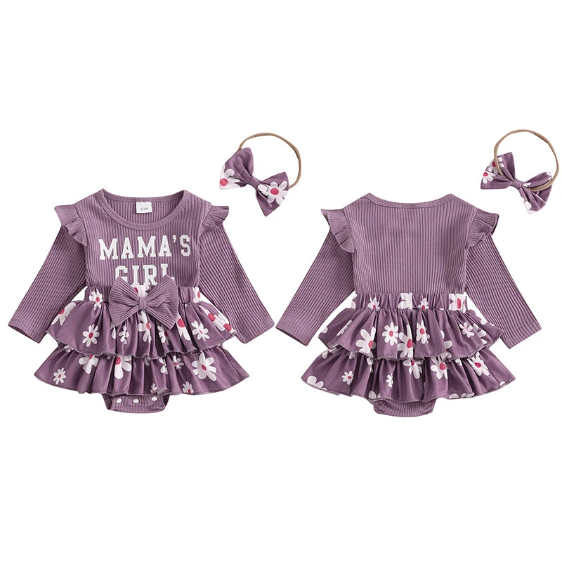 0-18months Baby Girl Outfit Long Sleeve Letters Flower Print Romper Dress Bowknot Headband Infant girls Clothes set