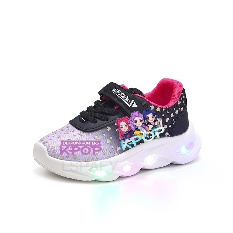 Kpop Demon Hunter Kids'Casual Shoes Girls Led Light Cartoon Fashion Sport Flat Bottom Shoes Breathable Purple Pink