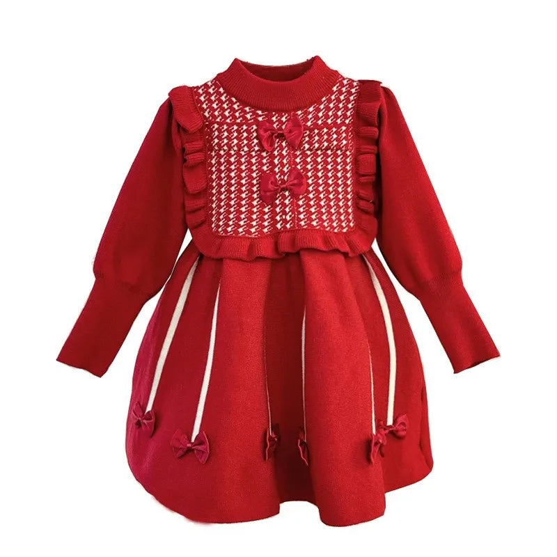 Christmas Kids Autumn Winter Cute Long Sleeve Bow Decoration Sweet Ruffled Princess Dress 1-6 Years Girls Party Fashion Clothes