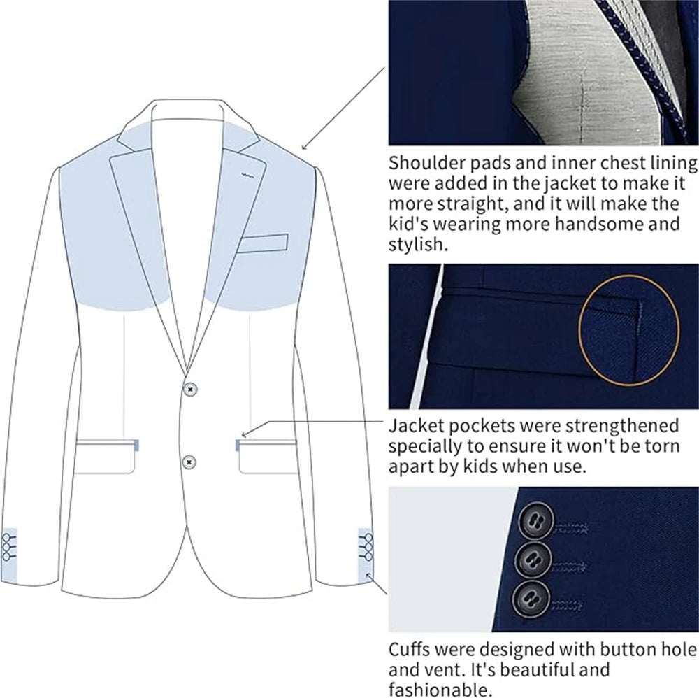 Notched Boy's Suit Set for Kids 3-14 Yrs, One Button Black Suit Jacket Vest Pants and T Shirt, Communion Tuxedo 4-Piece Suits