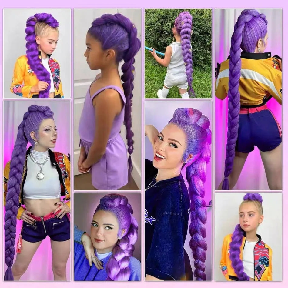 Girl Kpop Groups Purple Braided Ponytail Wig Hair Colored Claws Girls Hunters Big Braids Rumi Cosplay Wigs Hip Hop Dirty Braids