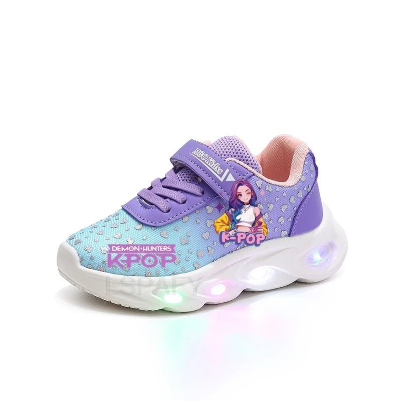 Kpop Demon Hunter Kids'Casual Shoes Girls Led Light Cartoon Fashion Sport Flat Bottom Shoes Breathable Purple Pink