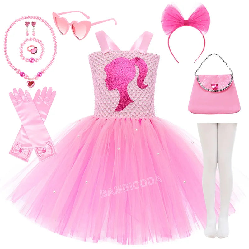 Pink Queen Frocks for Girls New Live-action Bar-b Movie Mesh Princess Dress Holiday Stage Birthday Party Performance Sets