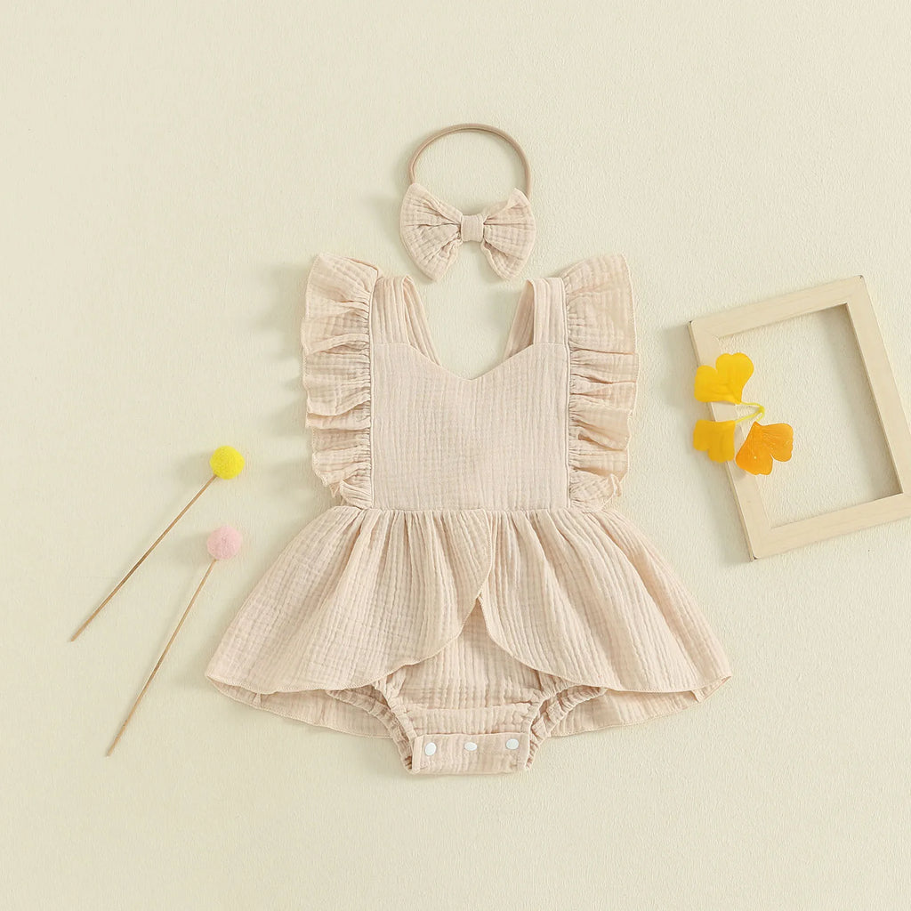 FOCUSNORM 0-18M Lovely Baby Girls Romper Dress Square Neck Flying Sleeve Solid Color Jumpsuits with Bow Headband Set