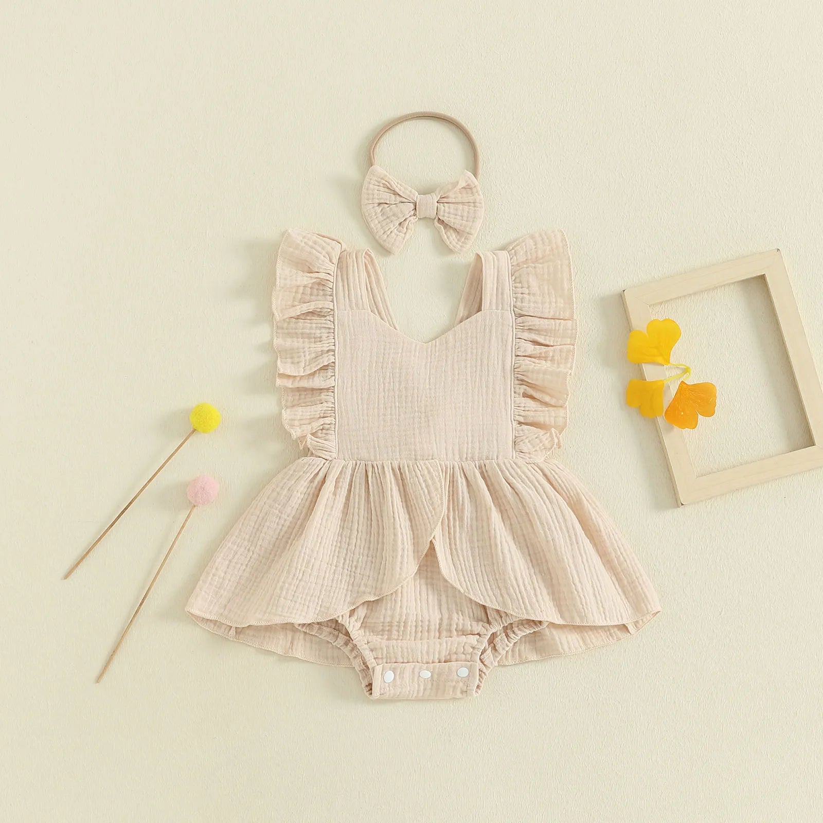 FOCUSNORM 0-18M Lovely Baby Girls Romper Dress Square Neck Flying Sleeve Solid Color Jumpsuits with Bow Headband Set