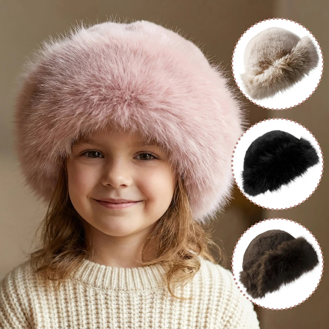 Fuffy Fur Kids Winter Hat Solid Color Thicken Plush Warm Mongolian Hats For Boys Girls Outdoor Cold-proof  Bucket Cap