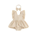 FOCUSNORM 0-18M Lovely Baby Girls Romper Dress Square Neck Flying Sleeve Solid Color Jumpsuits with Bow Headband Set