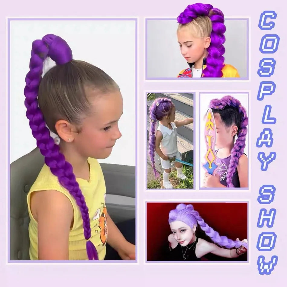 Girl Kpop Groups Purple Braided Ponytail Wig Hair Colored Claws Girls Hunters Big Braids Rumi Cosplay Wigs Hip Hop Dirty Braids