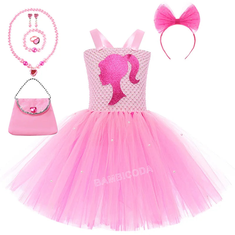 Pink Queen Frocks for Girls New Live-action Bar-b Movie Mesh Princess Dress Holiday Stage Birthday Party Performance Sets
