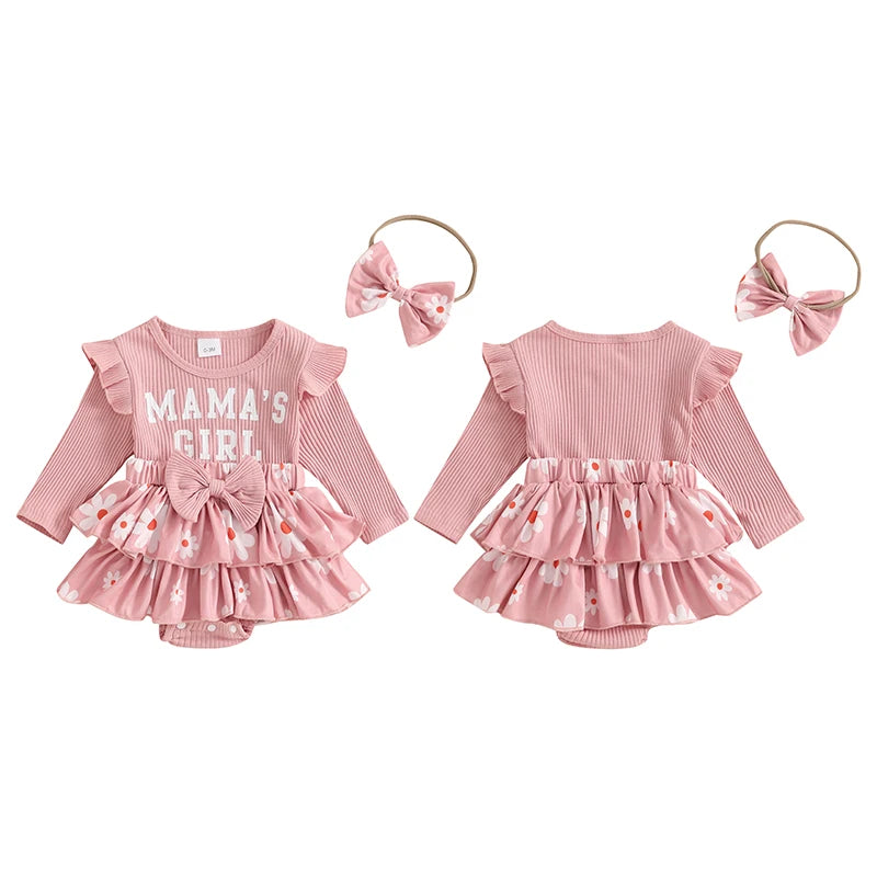 0-18months Baby Girl Outfit Long Sleeve Letters Flower Print Romper Dress Bowknot Headband Infant girls Clothes set