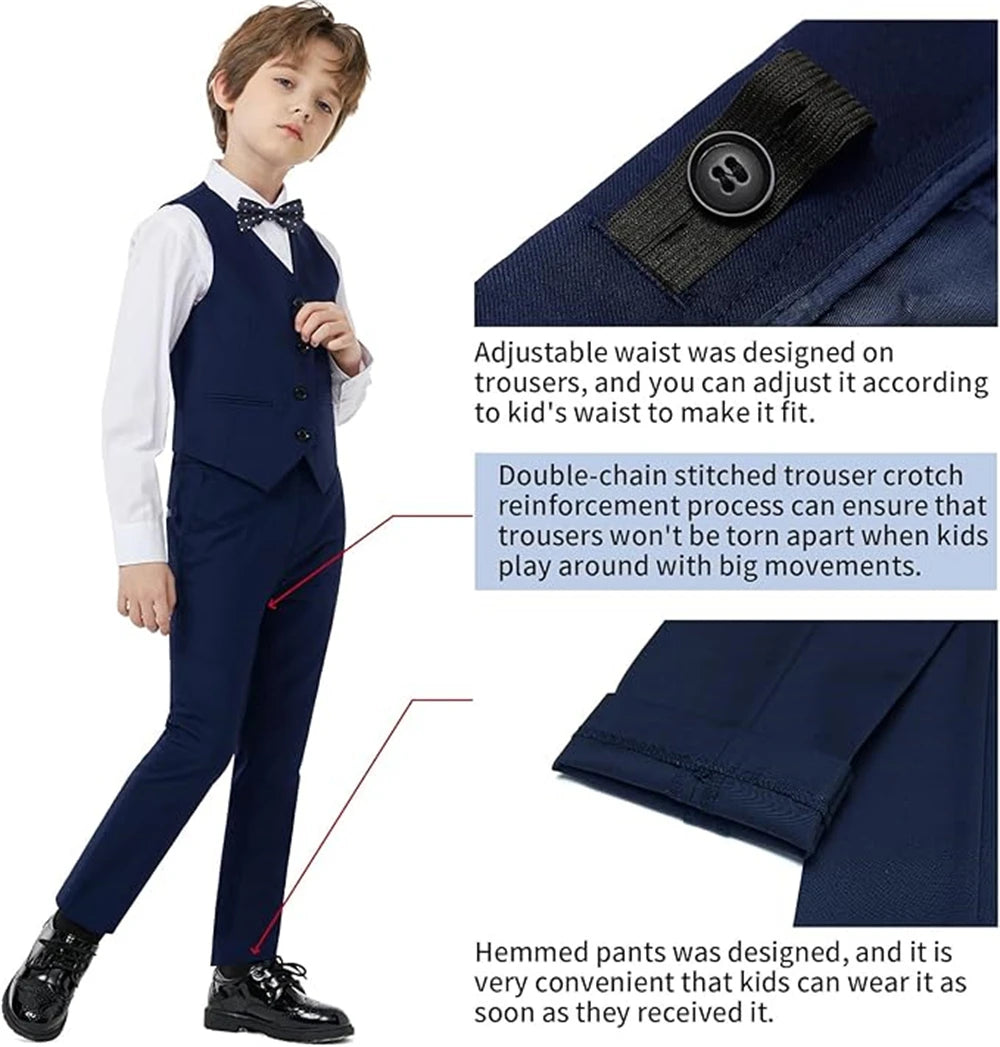 Notched Boy's Suit Set for Kids 3-14 Yrs, One Button Black Suit Jacket Vest Pants and T Shirt, Communion Tuxedo 4-Piece Suits