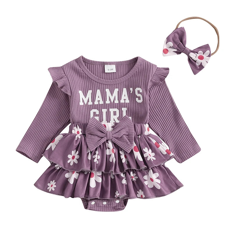 0-18months Baby Girl Outfit Long Sleeve Letters Flower Print Romper Dress Bowknot Headband Infant girls Clothes set