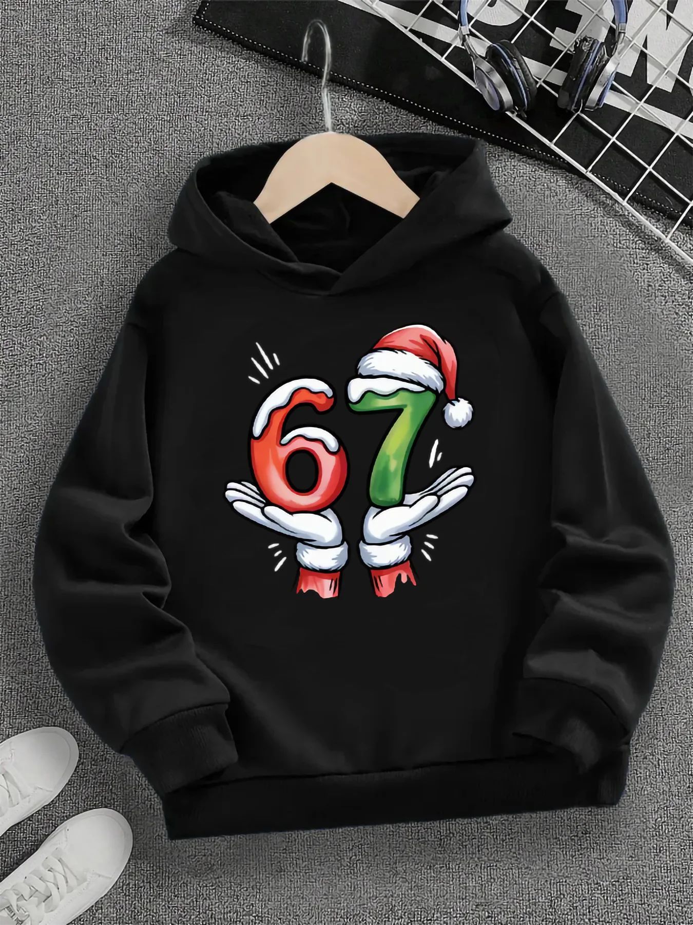 Spring And Autumn Single Casual Fashion Christmas #67 Boys Black Hoodie, Six Seven Cartoon Print Pattern,Suitable For Daily Wear