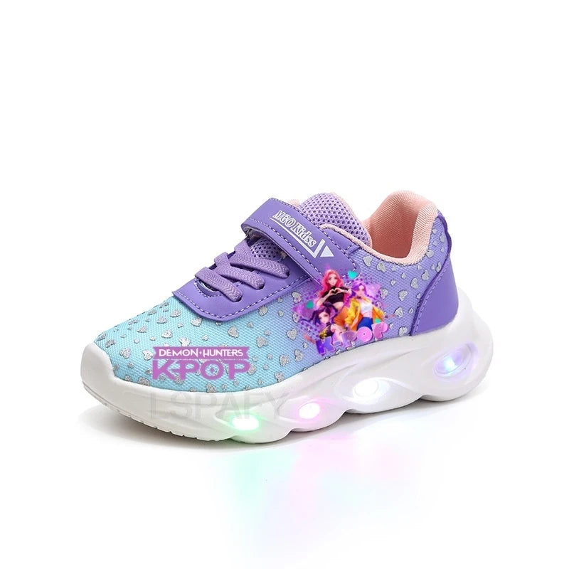 Kpop Demon Hunter Kids'Casual Shoes Girls Led Light Cartoon Fashion Sport Flat Bottom Shoes Breathable Purple Pink