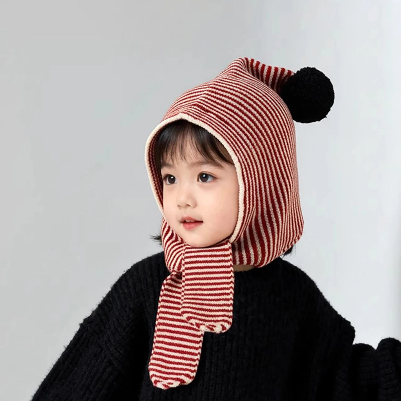 Korean Striped Baby Balaclava Hat Winter Knitted Hood Scarf Ear Protection Warm Bomber Cap Kids Boy Girl Beanies