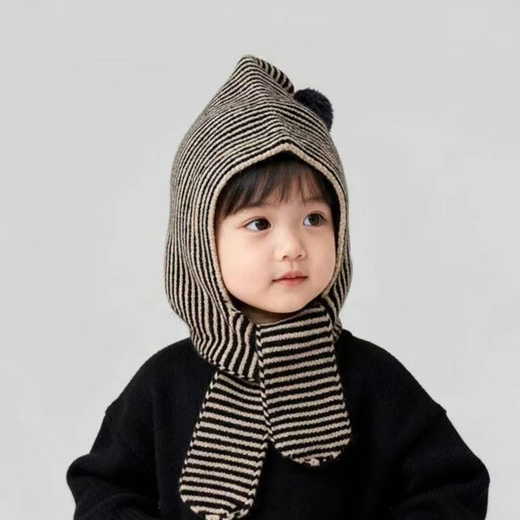 Korean Striped Baby Balaclava Hat Winter Knitted Hood Scarf Ear Protection Warm Bomber Cap Kids Boy Girl Beanies