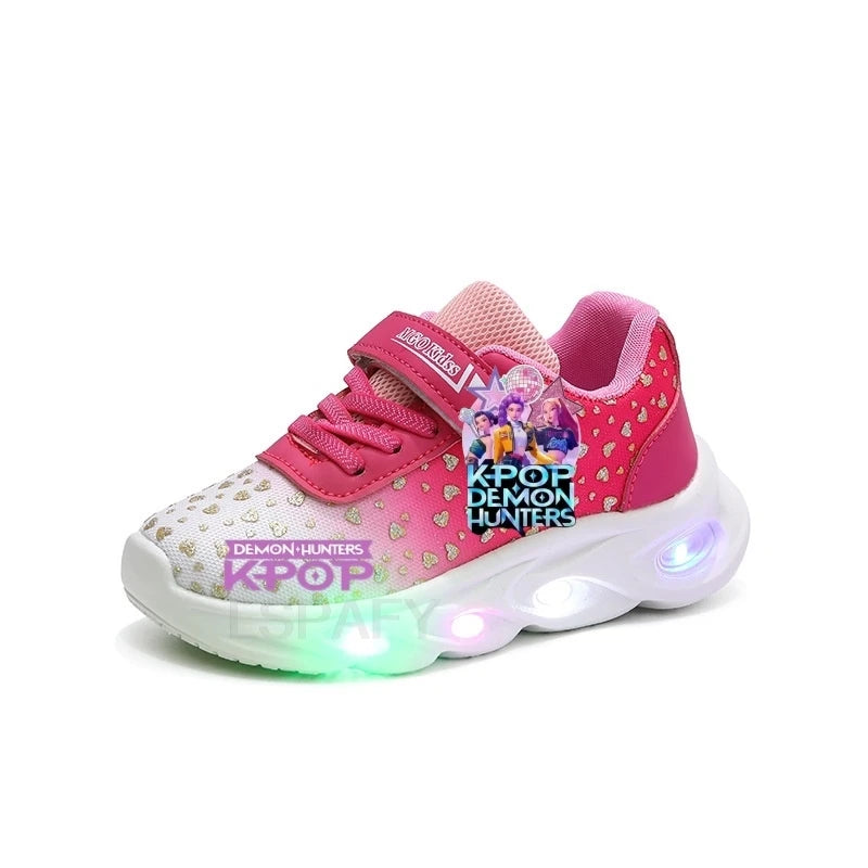 Kpop Demon Hunter Kids'Casual Shoes Girls Led Light Cartoon Fashion Sport Flat Bottom Shoes Breathable Purple Pink